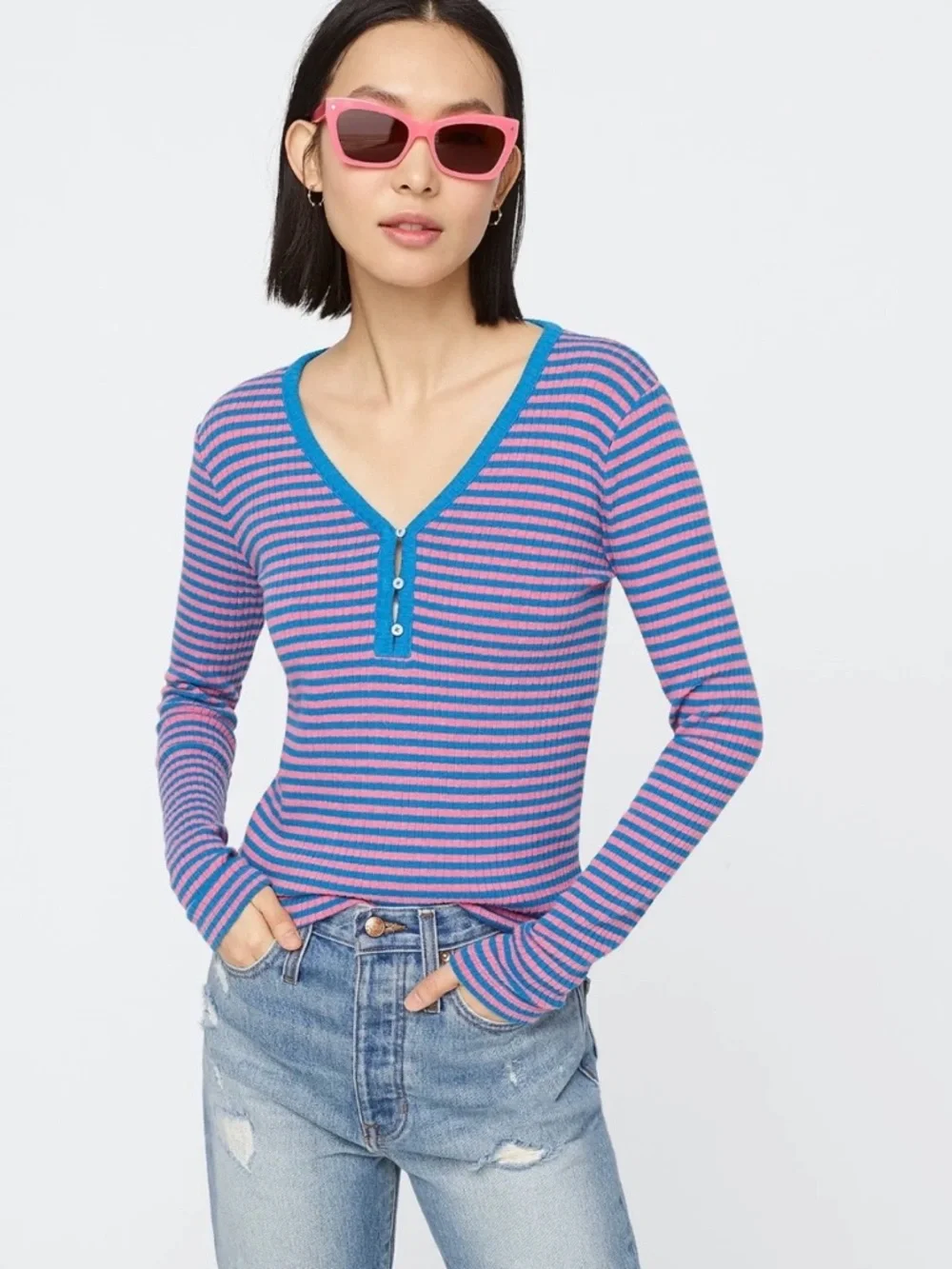 NWT J. Crew Ribbed Henley Stripe Rose Pink Blue Juliette Long Sleeve